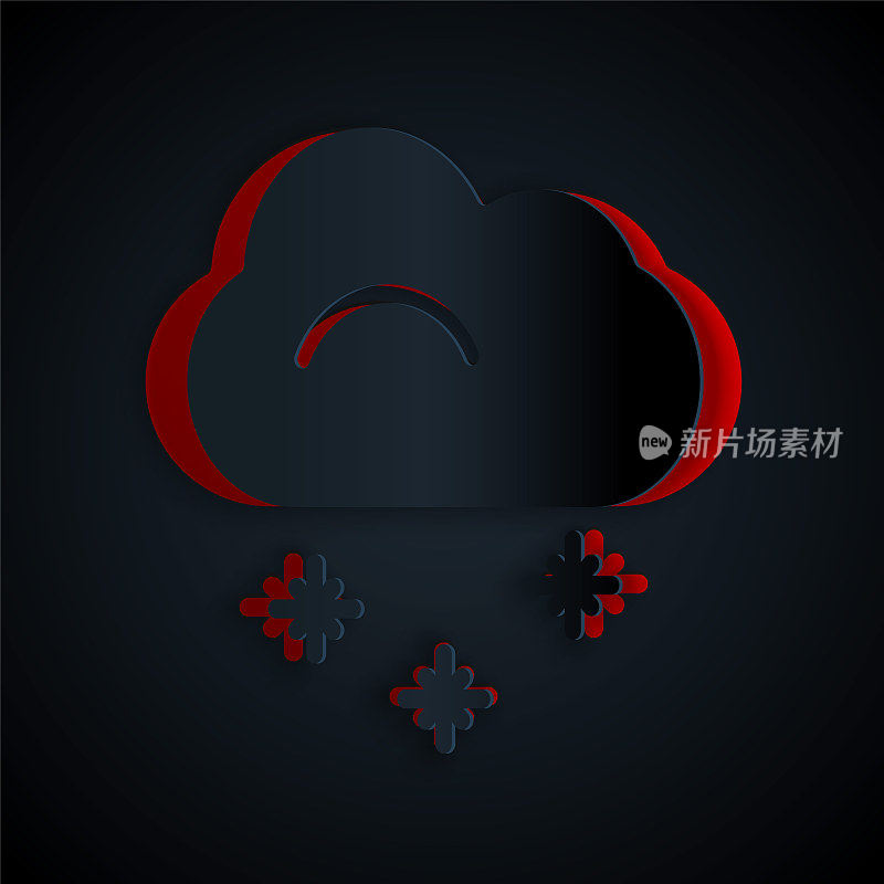 Paper cut Cloud with snow icon isolated on black background. Cloud with snowflakes. Single weather icon. Snowing sign. Paper art style. Vector Illustration